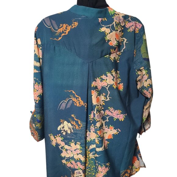 Cintron Santa Monica Asian Peacock Bonsai Teal Wearable Art XL Blouse - Picture 3 of 16